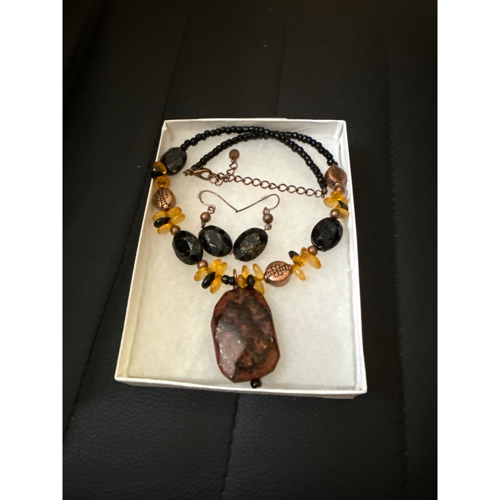 Napier Boho Statement Necklace Earring Set Brown Jasper Stone Copper Tone Beads